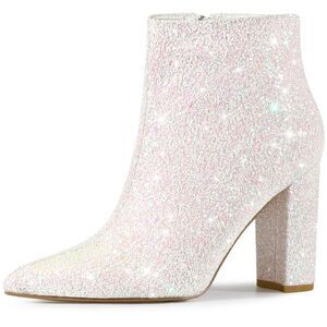 Glitter Pointed Toe Chunky Heel Sparkly Booties White Ankle Boots